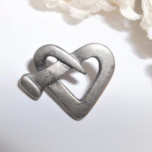 Pewter Heart Pin Brooch Square Head Nail Jewelry Unisex Edgy Modern Unique A322